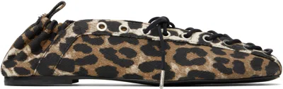 GANNI BROWN PRINTED DENIM LACE-UP BALLERINA FLATS