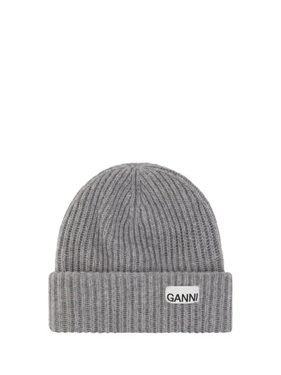 Ganni A4429 Ribbed Wool Beanie In Gray