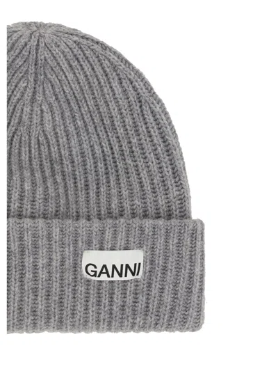 Ganni A4429 Ribbed Wool Beanie In Gray