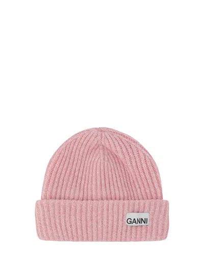 Ganni A4429 Ribbed Wool Beanie In Pink