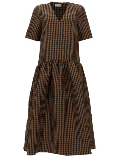 Ganni Women Brown Taffet Crinckled Dress, S Luxury Dresses For Women Darveys