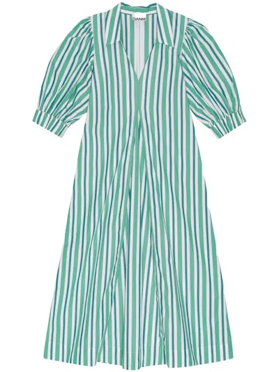 Ganni Striped Cotton-poplin Midi Shirt Dress In Minzfarben