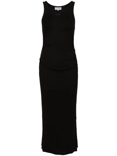 Ganni Logo-embroidered Ruched Dress In Black