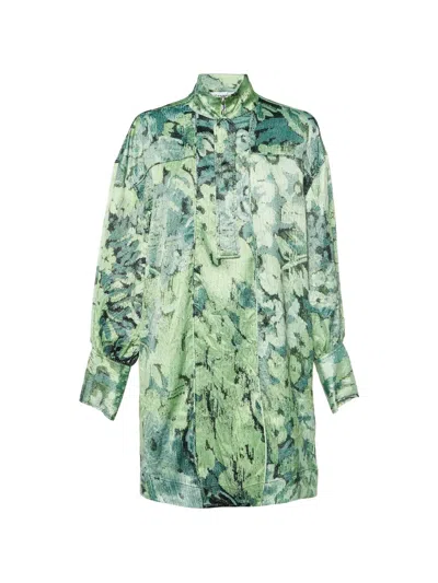 Pre-owned Ganni Abstract Floral-print Satin Dress In Green
