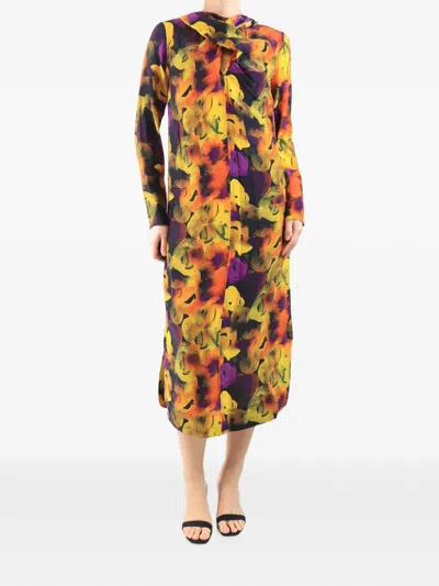 Pre-owned Ganni Abstract-print Midi Dress In Yellow