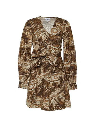 Pre-owned Ganni Abstract-print Wrap Dress In Brown