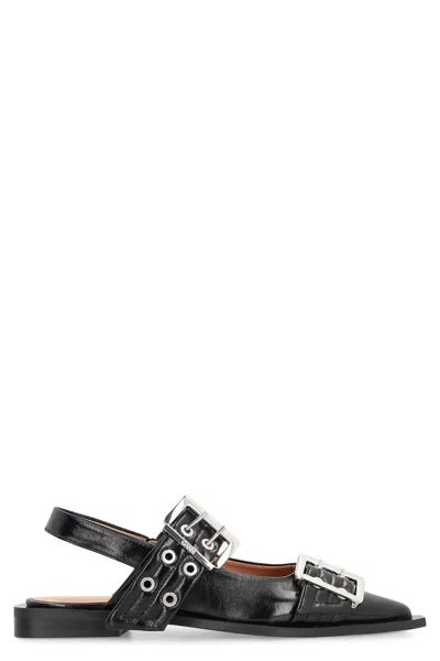 Ganni Adjustable Buckle Slingback Flat In Black