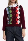 Ganni Multicolor Crewneck Cardigan With Jewel Buttons And Gemetric Motif On The Front In Burgundy