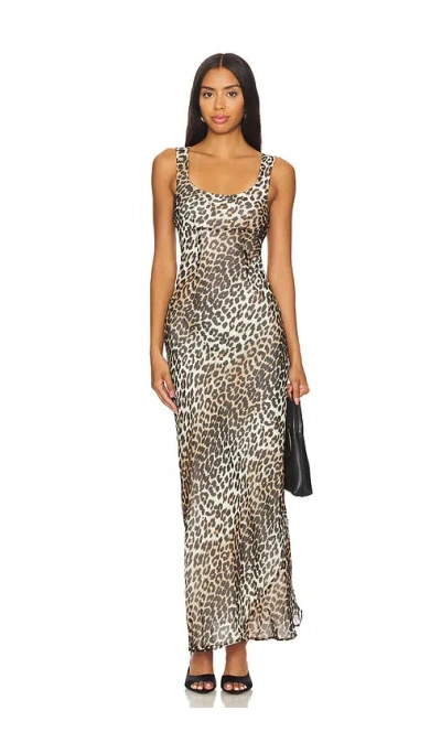 Ganni Animal Print Scoop Neckline Floor-length Dress In Brown