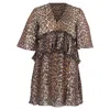 Ganni Almond Milk Pleated Georgette V-neck Flounce Mini Dress In Animal Print Recycled Polyester In Multi