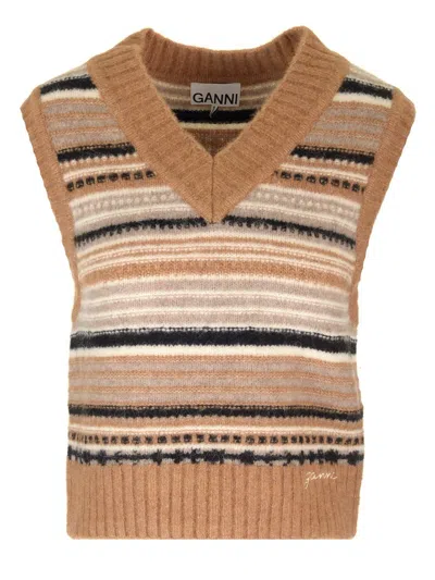 Ganni Alpaca And Merino Vest Knitwear Brown In Beige