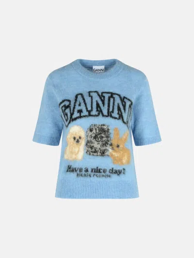 Ganni Alpaca Blend Sweater With Light Blue 'animalier' Pattern