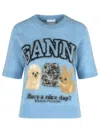 Ganni Light Blue Crewneck T-shirt With Maxi Logo Embroidery On The Front In Blue
