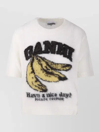 Ganni Alpaca Knit Crew Neck Graphic T-shirt In White