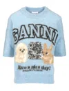 Ganni Light Blue Crewneck T-shirt With Maxi Logo Embroidery On The Front
