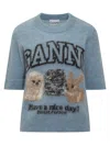 Ganni Light Blue Crewneck T-shirt With Maxi Logo Embroidery On The Front In Blue