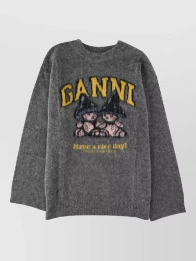Ganni Alpaca-blend Graphic Mushroom Teddy Print Jumper In Gray