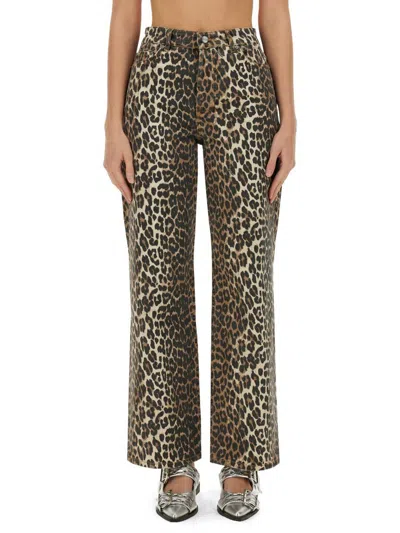 Ganni Womens Izey Leopard-print Mid-rise Straight-leg Organic-cotton Blend Stretch-denim Jeans