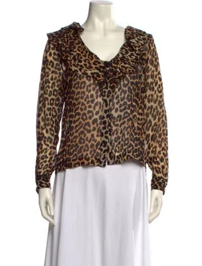 Pre-owned Ganni Animal Print Cowl Neck Blouse In Brown