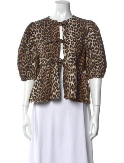 Pre-owned Ganni Animal Print Crew Neck Blouse In Brown