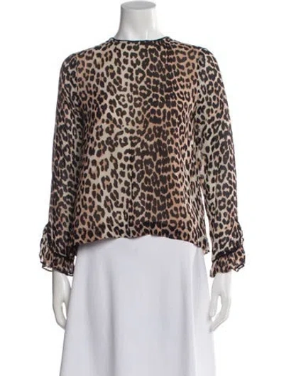 Pre-owned Ganni Animal Print Crew Neck Blouse In Neutrals