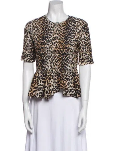 Pre-owned Ganni Animal Print Crew Neck Blouse In White