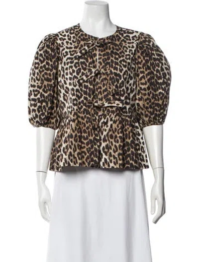 Pre-owned Ganni Animal Print Crew Neck Blouse In White