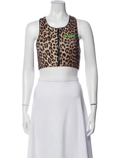 Pre-owned Ganni Animal Print Crew Neck Sports Bra In Brown