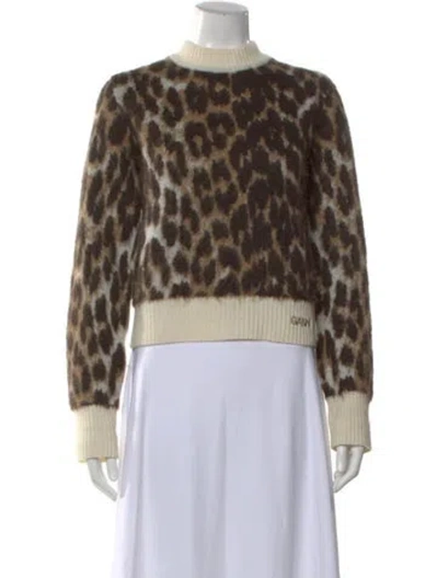 Pre-owned Ganni Animal Print Crew Neck Sweater In Brown
