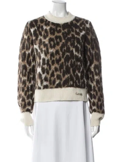 Pre-owned Ganni Animal Print Crew Neck Sweater In Brown