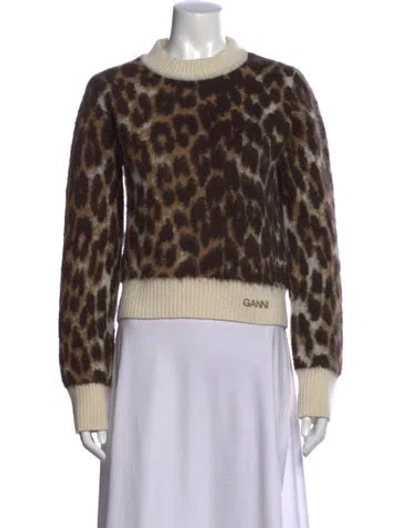 Pre-owned Ganni Animal Print Crew Neck Sweater In Brown