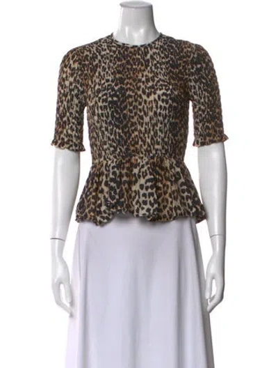 Pre-owned Ganni Animal Print Crew Neck Top In Neutral