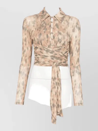 Ganni Animal Print Cropped Wrap Shirt Tie Detail In Brown