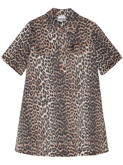 Ganni Animal-print Denim Mini Skirt In Brown