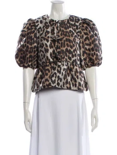 Pre-owned Ganni Animal Print Faux Fur Jacket In Brown