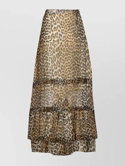 GANNI ANIMAL PRINT FLARED LAYERED LEOPARD SKIRT