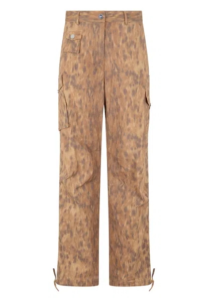 Ganni Animal Print High-waist Cotton Cargo Pants In Neutral
