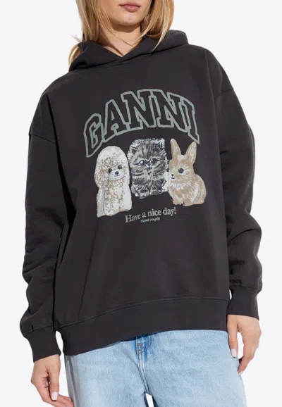 Ganni Animal Print Hooded Sweatshirt In Gray