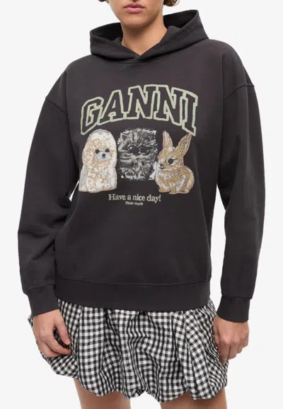 Ganni Animal Print Hooded Sweatshirt In Gray