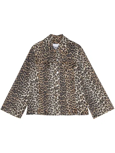 Ganni Brown Leopard Printed Denim Jacket In 943 Leopard