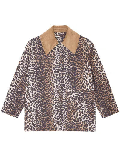 Ganni Animal Print Jacket With Front Button Fastening In Brown