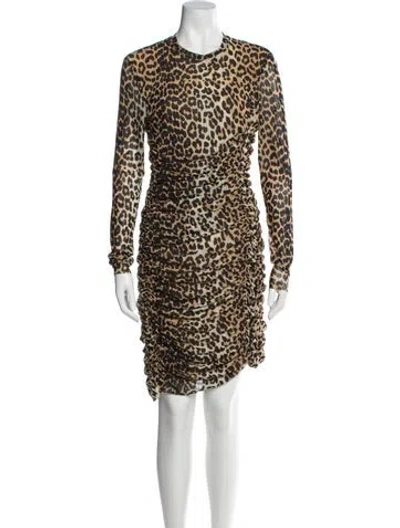 Pre-owned Ganni Animal Print Knee-length Dress In Brown