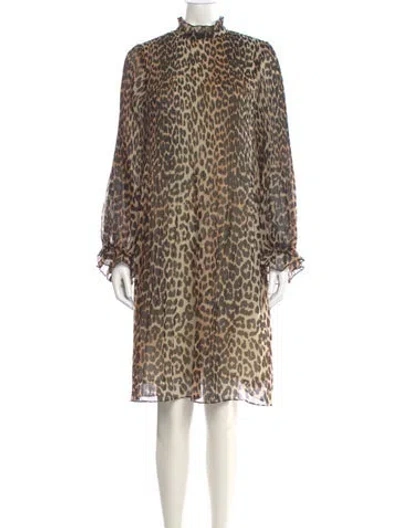 Pre-owned Ganni Animal Print Knee-length Dress In Neutral