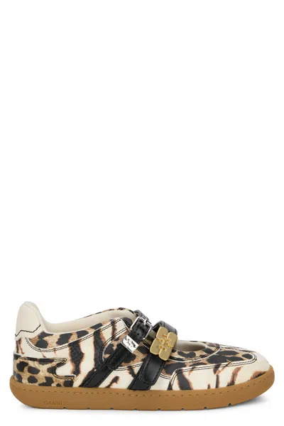 Ganni Animal Print Leather Flat In Beige