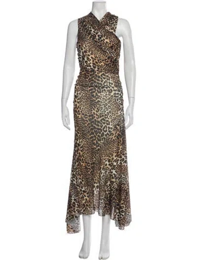Pre-owned Ganni Animal Print Long Dress In Black