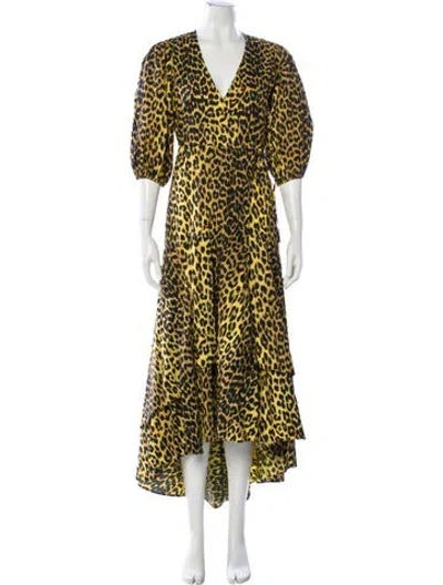 Pre-owned Ganni Animal Print Long Dress In Brown