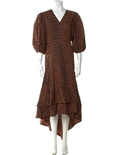 Pre-owned Ganni Animal Print Long Dress In Brown
