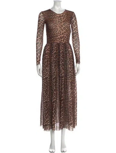 Pre-owned Ganni Animal Print Long Dress In Brown