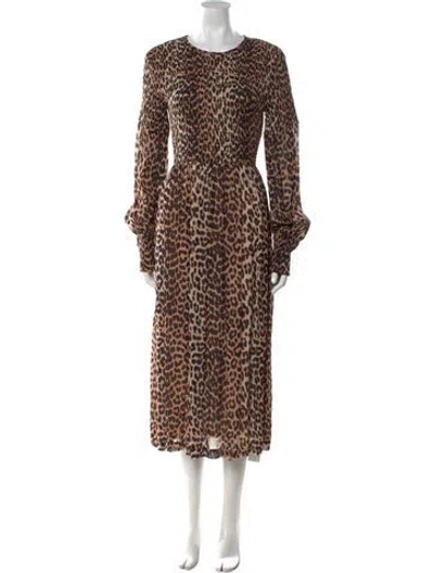 Pre-owned Ganni Animal Print Long Dress In Brown