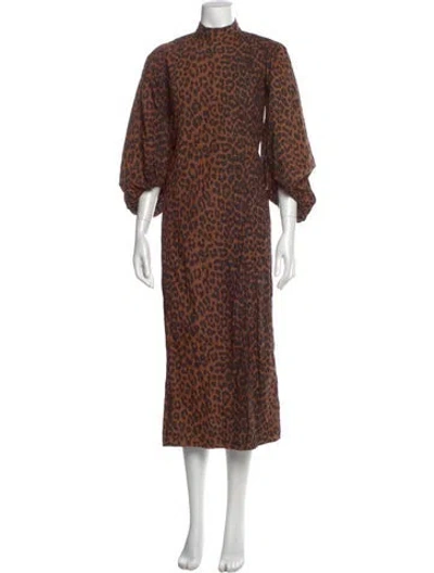 Pre-owned Ganni Animal Print Long Dress In Brown